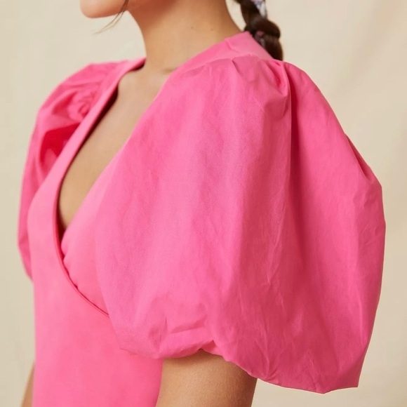 ANTHROPOLOGIE • Maeve Puff-Sleeve Wrap Top in Pink - Picture 2 of 10